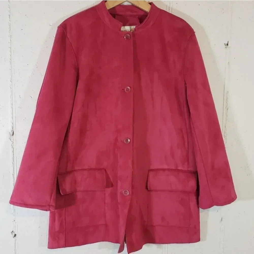 Harve Benard Faux Suede Jacket 10 Pink Mock Neck Button Front Flap Pockets
